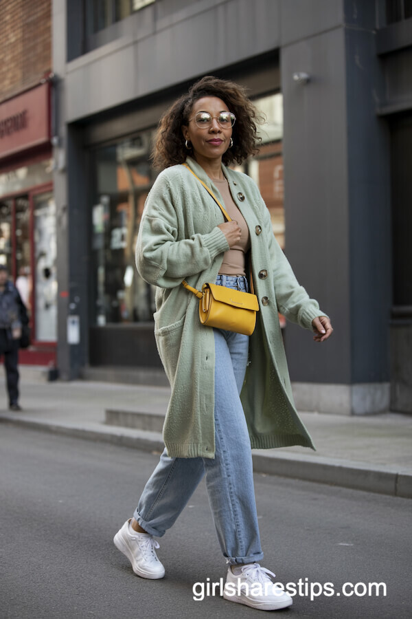 Sage Green Cardigan with Straight Jeans and Sneakers