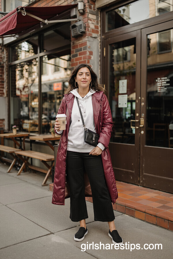 Burgundy Coat with Hoodie and Wide-Leg Cropped Pants