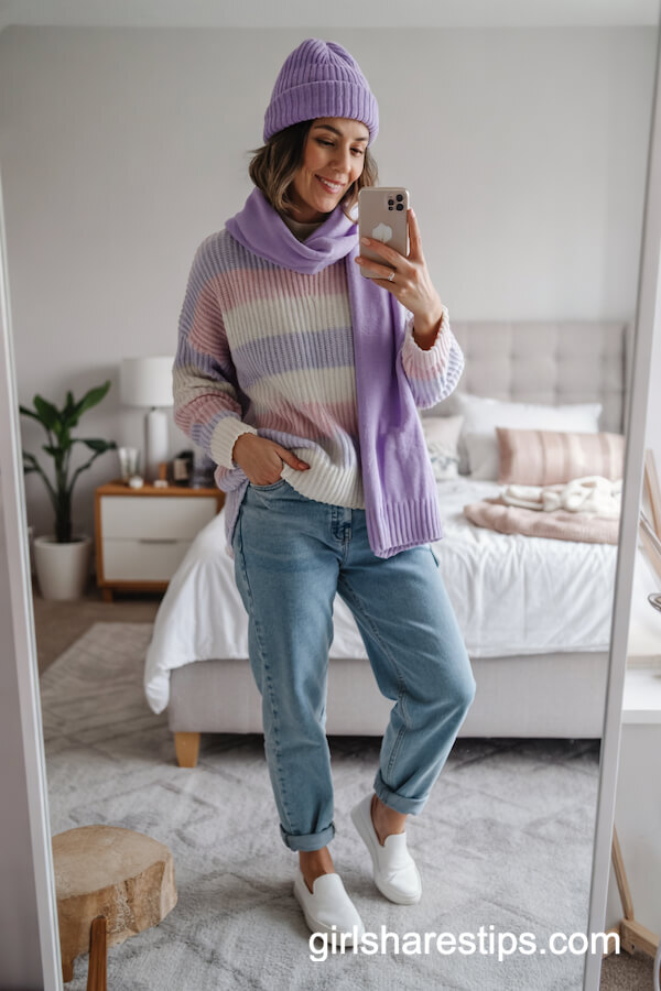 Pastel Beanie and Scarf with Striped Sweater and Mom Jeans