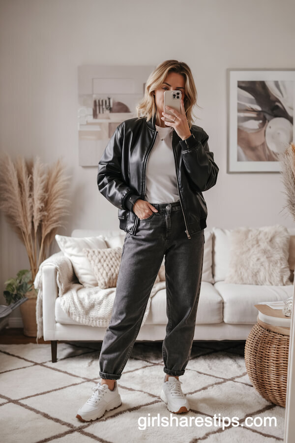 Leather Bomber Jacket with Baggy Jeans and Sneakers