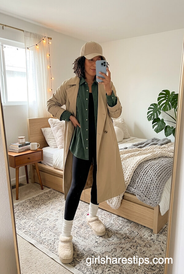 Khaki Trench Coat with Green Shirt and UGG Boots