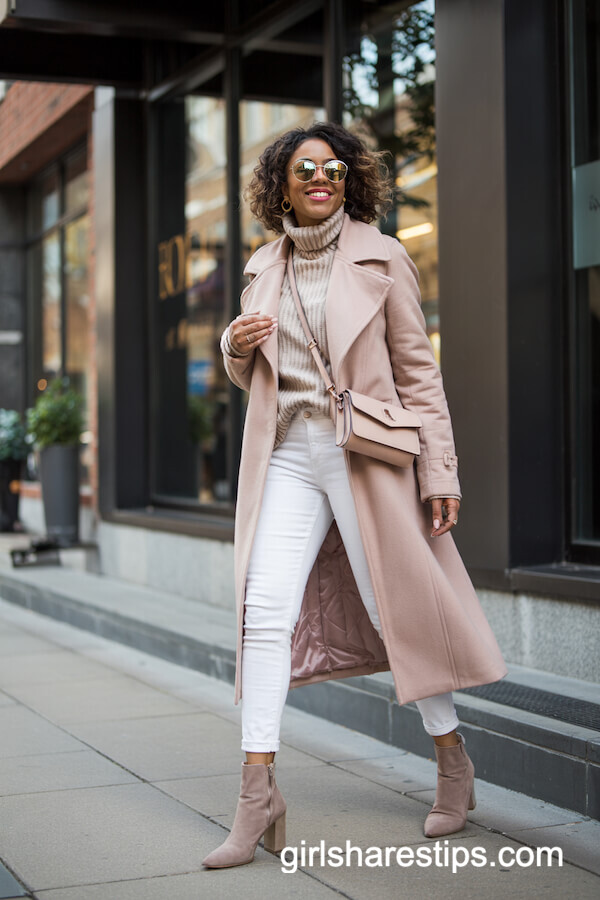 Blush Pink Coat with White Jeans and Taupe Booties
