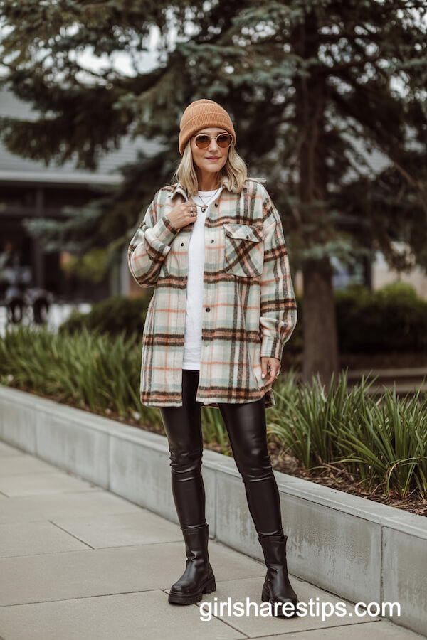 Pastel Plaid Shacket with Faux Leather Leggings