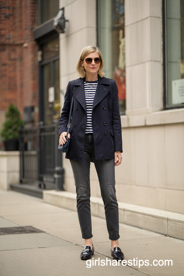 Navy Peacoat with Striped Top and Loafers
