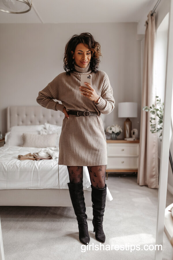 Beige Sweater Dress with Belt and Knee-High Boots