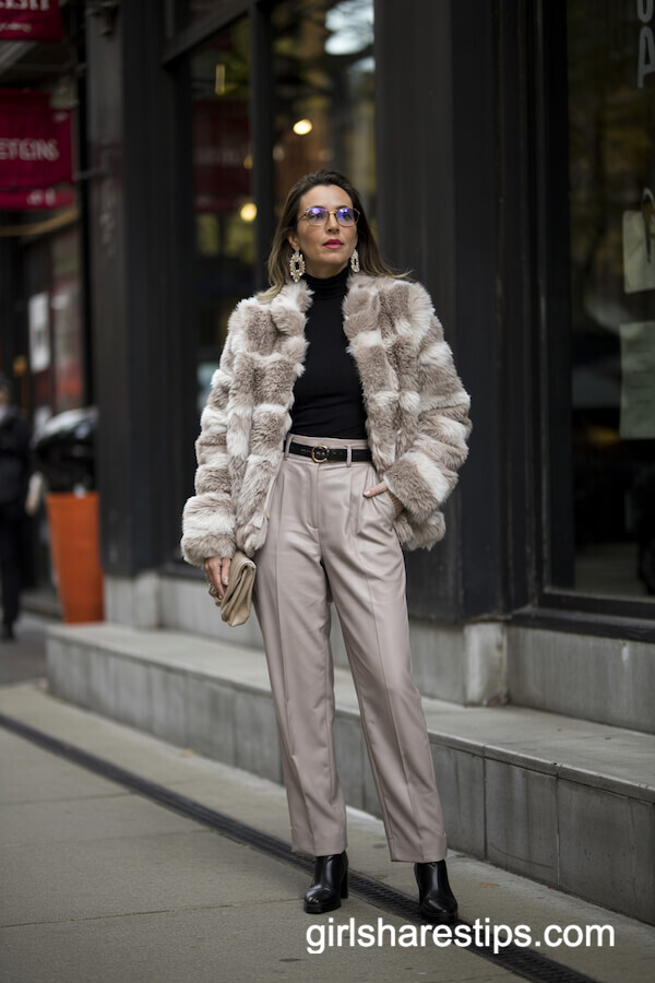 Faux Fur Jacket with Turtleneck and Gray Trousers