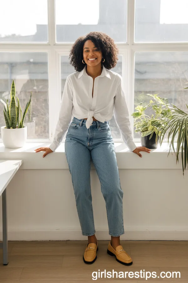 Classic White Button-Down and Blue Jeans for Effortless Work Style