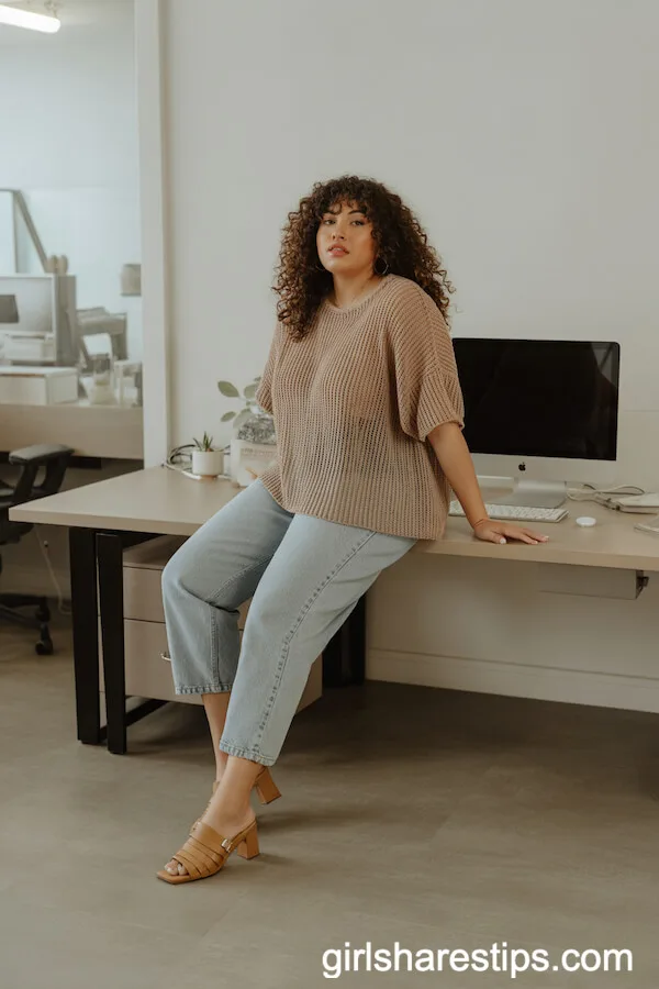 Loose Knit Top and Cropped Jeans for Casual yet Trendy Office Wear