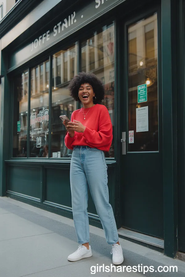 Red Sweater and Straight-Leg Jeans: Fun, Vibrant Coffee Shop Look