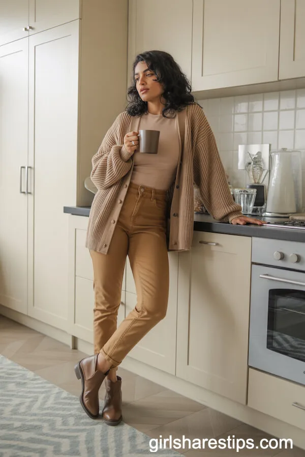 Monochrome Beige Layers with Tan Jeans for a Neutral-Toned Workday