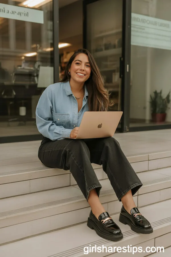 Chambray Shirt High-Waisted Black Jeans