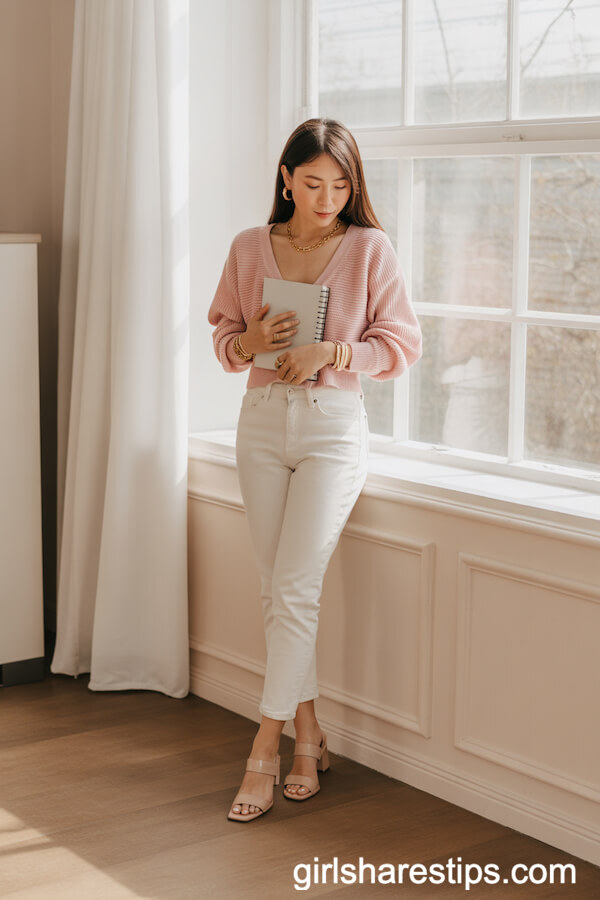 Pastel Cardigan and White Jeans