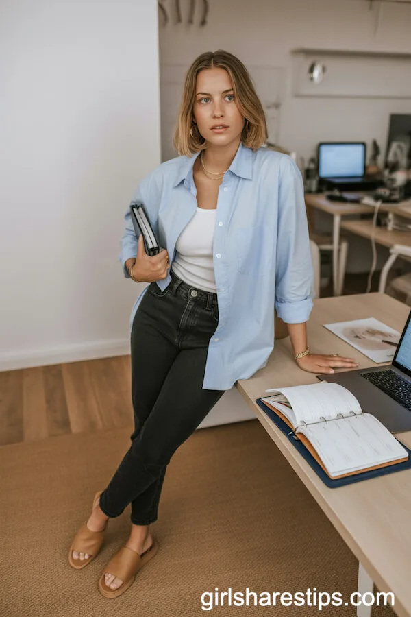 Light Blue Button-Down and Black Jeans: Crisp, Minimal Work Style