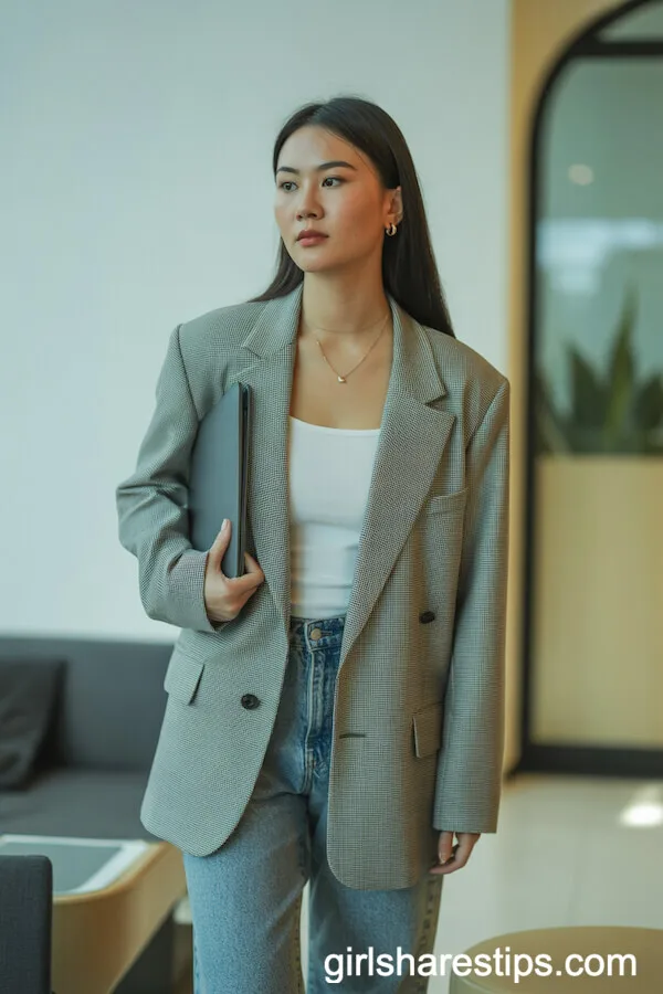 Tailored Gray Blazer with White Top and Jeans: A Polished Office Look