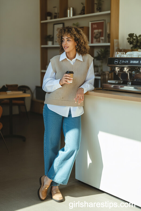 Beige Sweater Vest and White Blouse with Blue Jeans