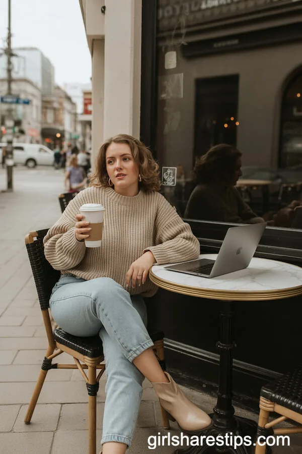 Chunky Knit Sweater and Light-Wash Jeans for Cozy Caf&eacute; Workdays