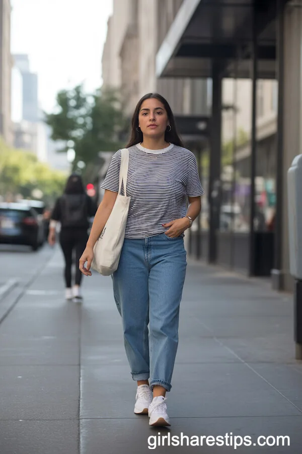 Striped T-Shirt and Relaxed Jeans: Casual City Stroll Office Outfit