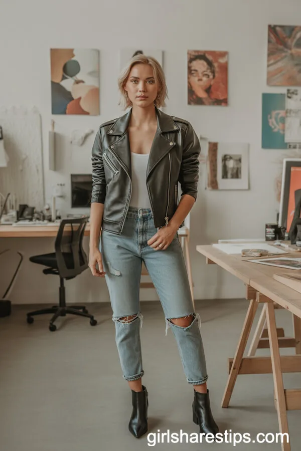 Moto Jacket and Ripped Skinny Jeans for a Bold Creative Work Vibe