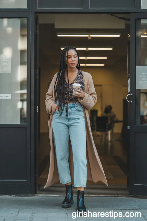Long Duster Cardigan, Patterned Top, Cropped Jeans