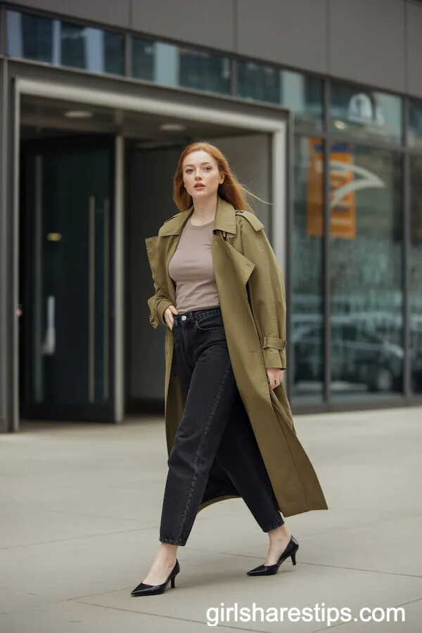 Khaki Trench and Dark Jeans: Timeless Outerwear for Workdays