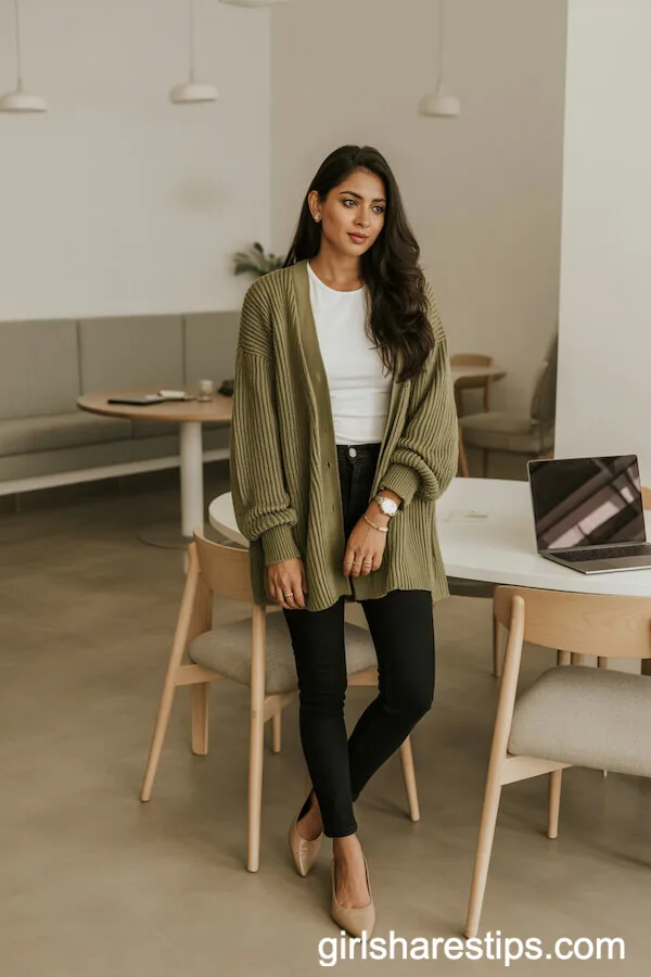 Olive Green Cardigan with Black Skinny Jeans for Effortless Desk Style
