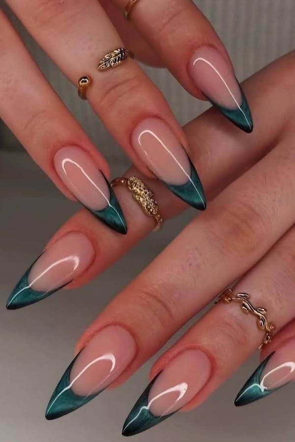 Dark Green Cat Eye French Tips