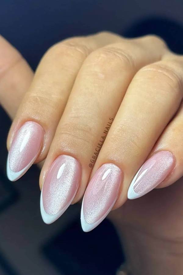 Shimmery White Cat Eye French Tips
