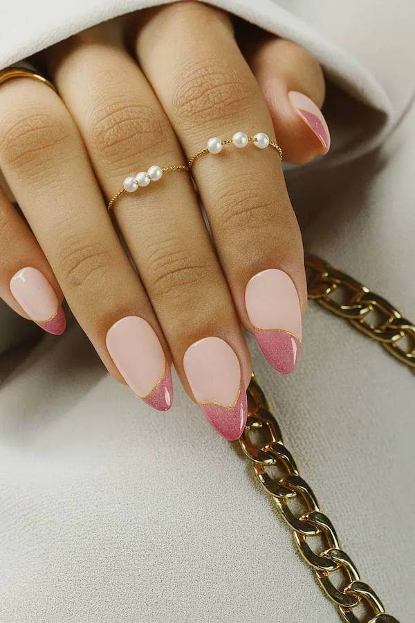Pink Cat Eye French Tips with Gold Accent