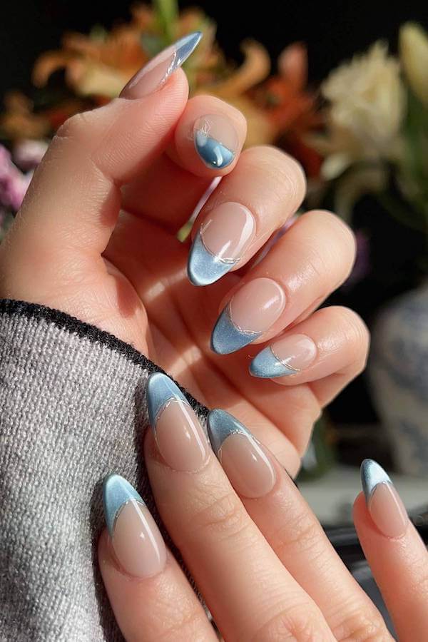 Blue Cat Eye French Tips with Silver Outline