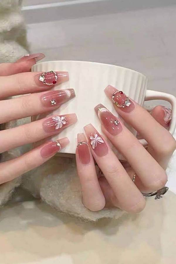 3D Floral Cat Eye French Tips