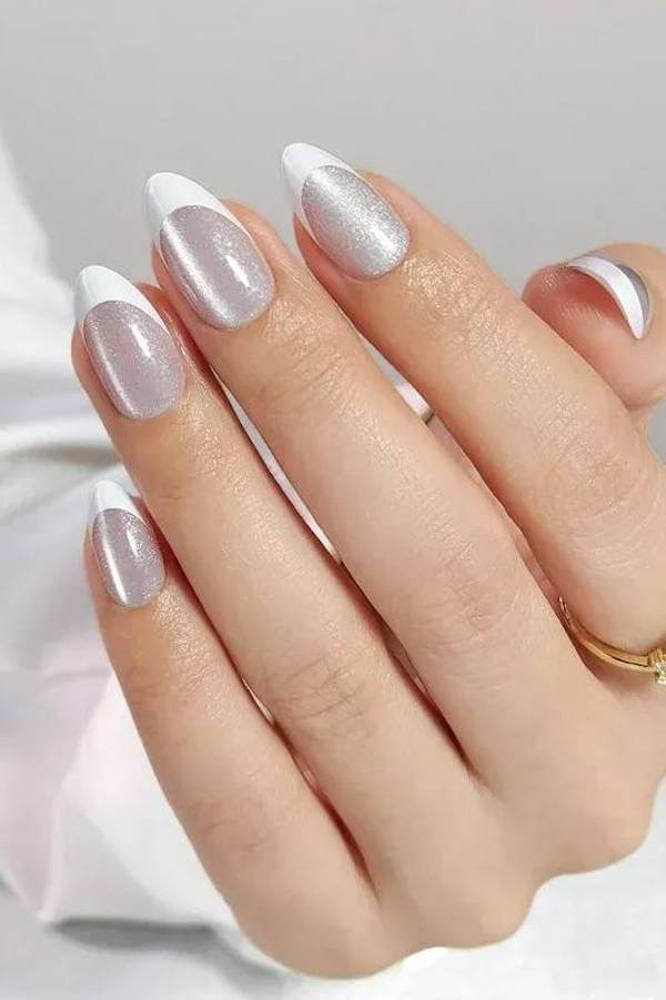 Silver Metallic Cat Eye French Tips