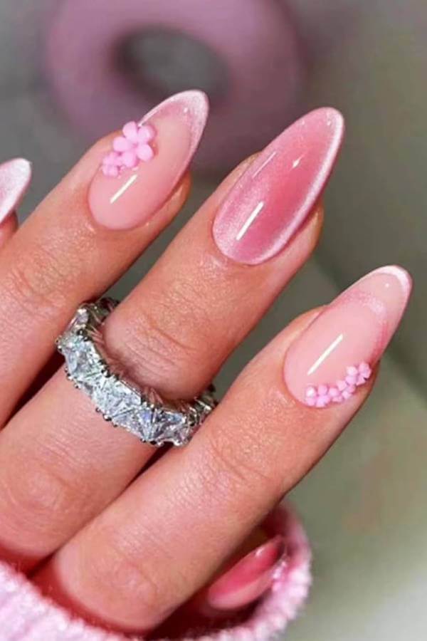 Pink Cat Eye French Tips with 3D Flowers