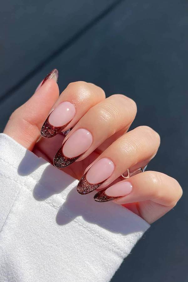 Mocha Glitter Cat Eye French Tips