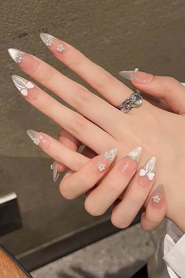 Pearl Cat Eye French Tips with 3D Details