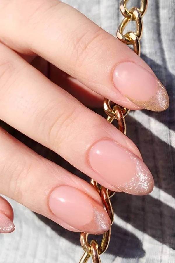 Nude and Silver Cat Eye French Tips