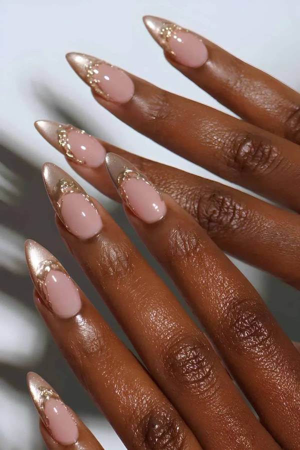 Gold Accented Cat Eye French Tip Nails