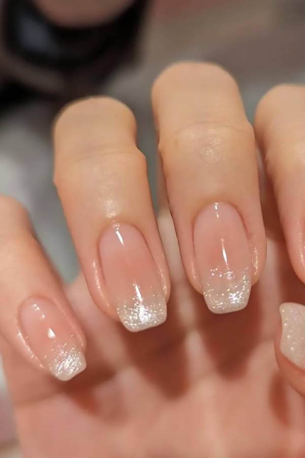 Icy Glitter Cat Eye French Tip Nails