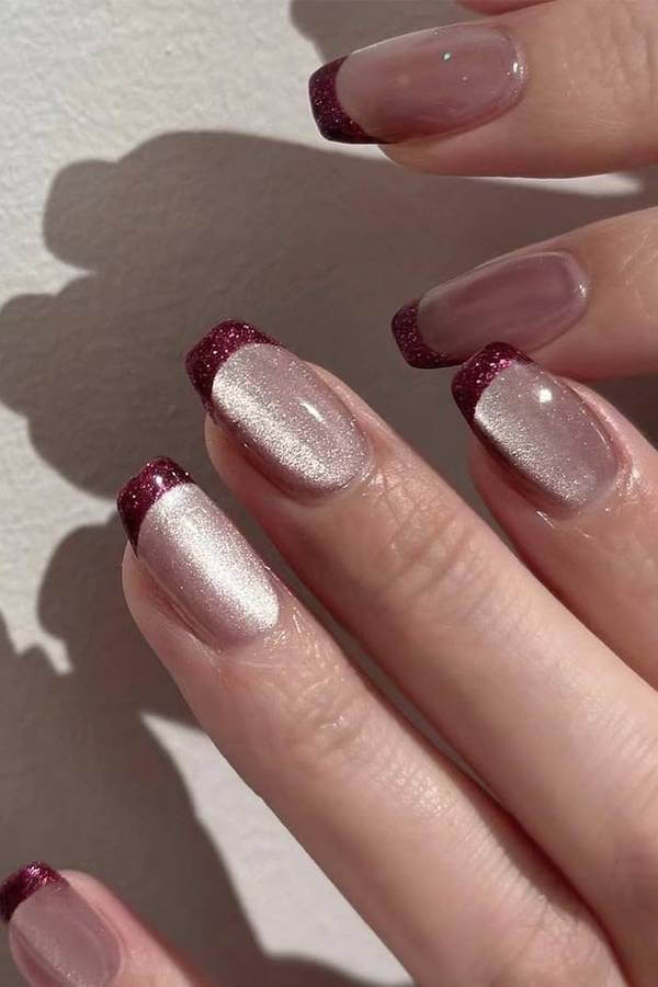 Burgundy Shimmer Cat Eye French Tips on Square Nails