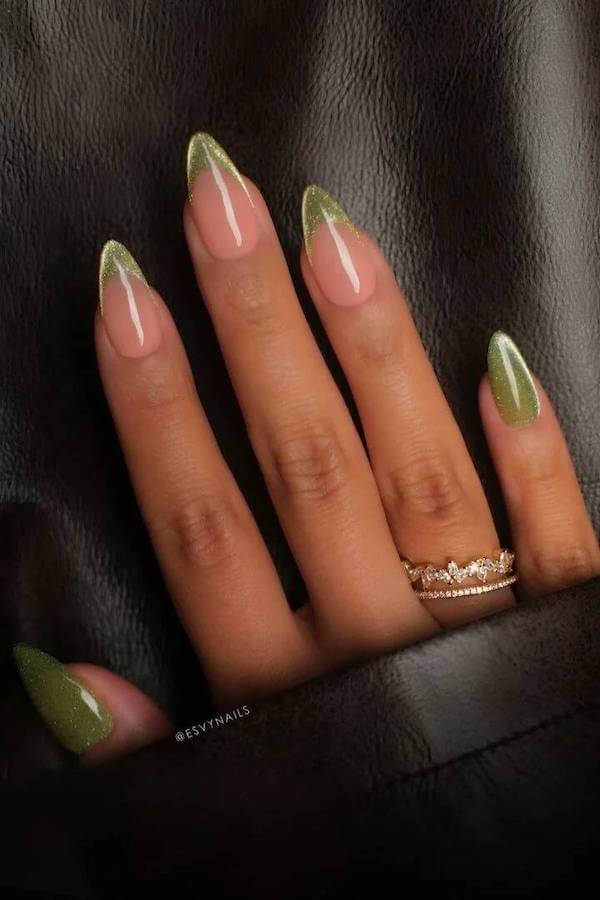 Olive Green Cat Eye French Tip Nails