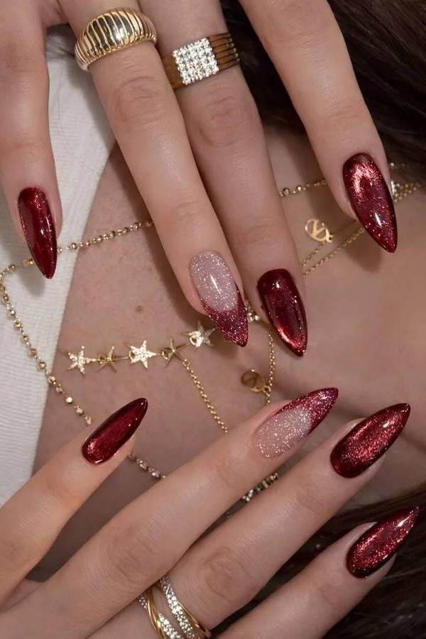 Deep Red Cat Eye French Tips