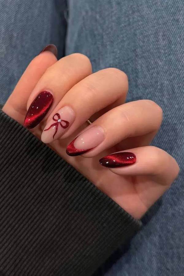 Red Cat Eye French Tips with Bow Accent