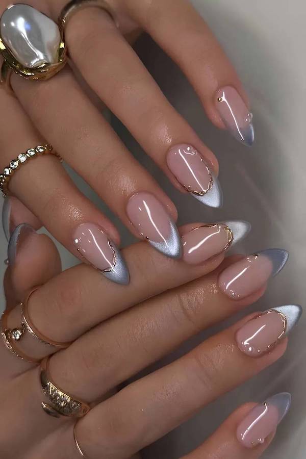 Icy Blue Cat Eye French Tips with Gold Detail