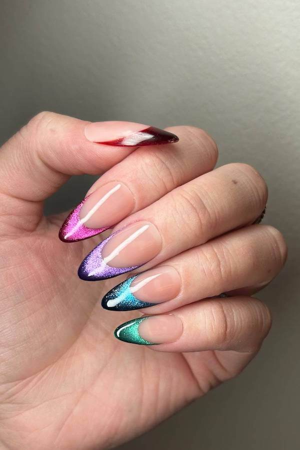 Multicolor Cat Eye French Tip Nails
