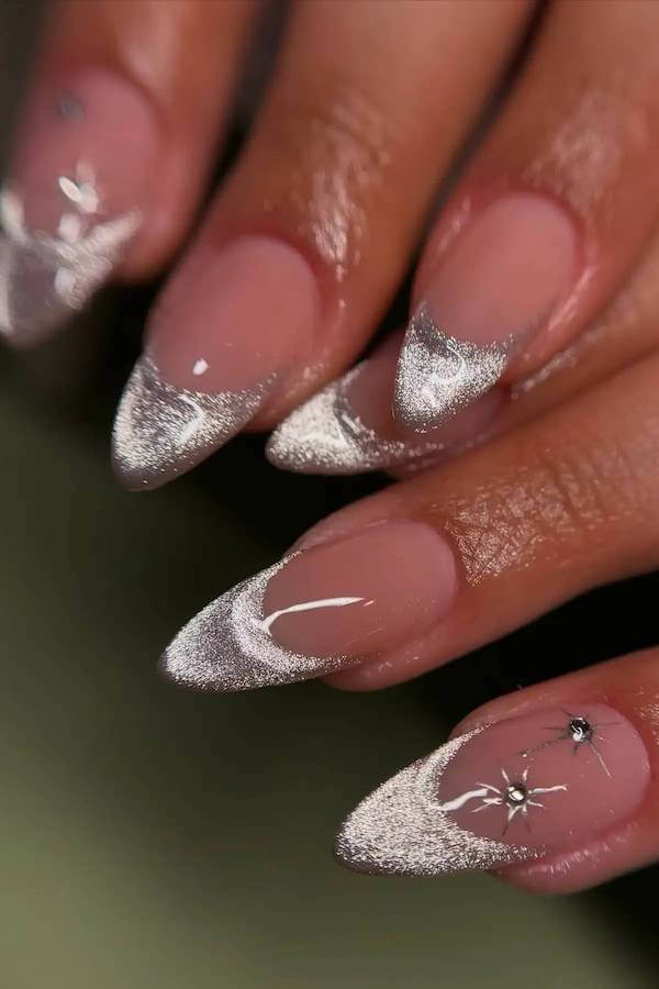 Metallic Silver Cat Eye French Tips with Stars