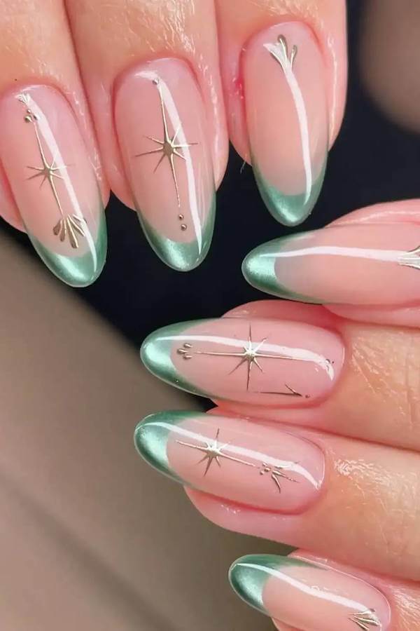Mint Cat Eye French Tip Nails with Star Accents