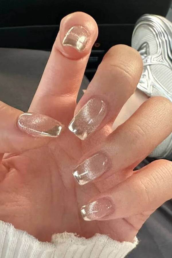 Clear Chrome Cat Eye French Tip Nails