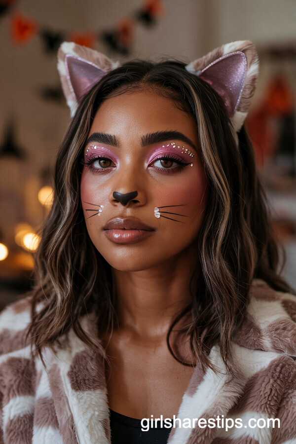 Glittery Pink Cat Makeup Look