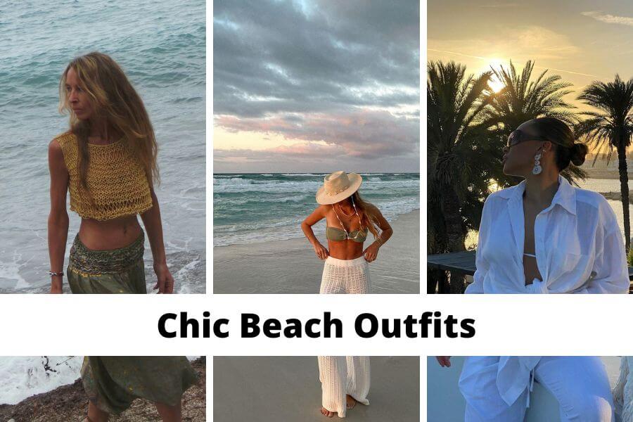 collage of chic beach outfits