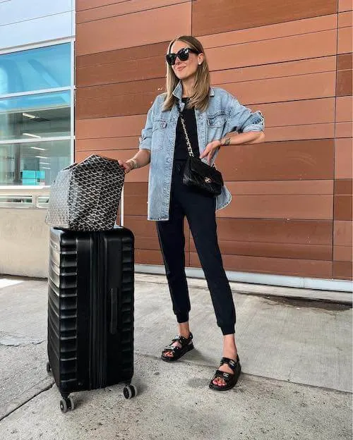 chic travel outfits with denim jacket