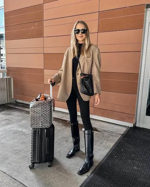 stylish travel outfits with blazer and boots